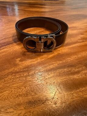 Salvatore Ferragamo Men's Brown Leather Belt with Double Gancini Buckle